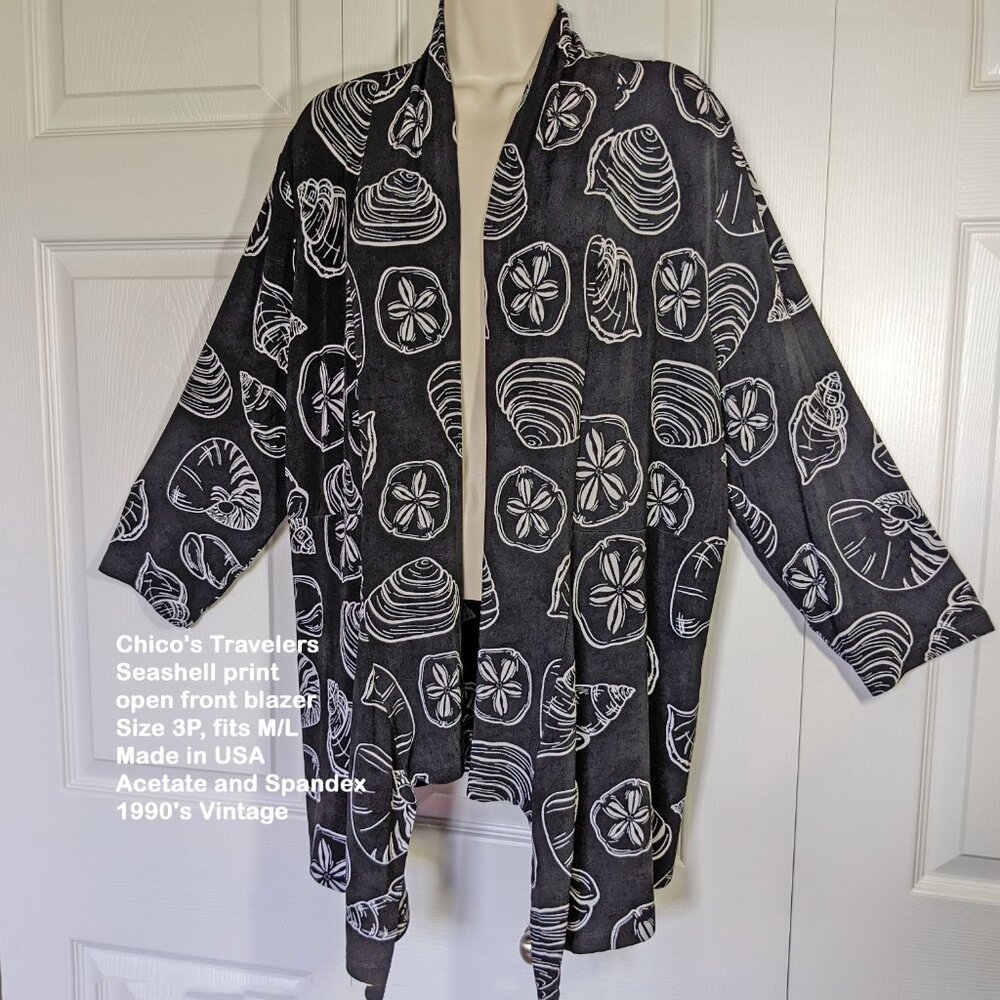 Chico's Travelers black & white seashell print open front blazer Sz 3P, Made USA